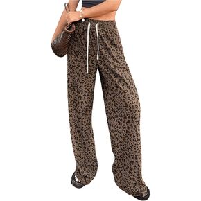 OYOANGLE Women's Graphic Print Drawstring Elastic High Waist Long Pants Y2k Wide Leg Casual Trousers with Pockets