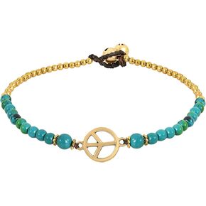 AeraVida Vintage Peace Sign with Green Malachite and Brass Bead Jingle Bell Anklet | Coachella Anklet for Women | Bohemian Peace Sign Anklet