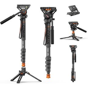 Monopod, COMAN KX3232 73.2 inch Professional Monopod Tripod Lightweight Aluminum Telescopic Camera Monopod with feet and Pan Tilt Fluid Head for DSLR Video Cameras