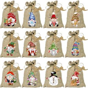 BORAMDO Christmas Burlap Gift Bags with Drawstrings 24Pcs, Watercolor 12 Designs Christmas Gnomes Linen Wrapping Bags, Small Christmas Treat Candy Bags for Holiday Party Favor Supplies…