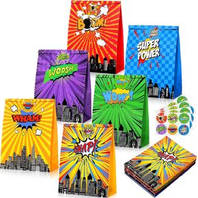 24 Pack Hero Party Gift Bags with Theme Stickers Hero Goodie Bags with 6 Different Types, Favor Treat Pouches for Kids Theme Birthday Party Decorations