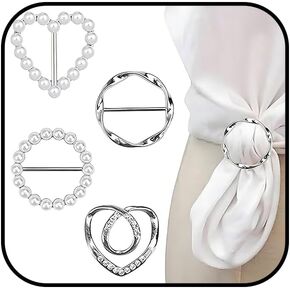 Scarf Ring Clip for Women 4PCS T-Shirt Clips Metal Round T-Shirt Tie Ring Rhinestone Pearl Tshirt Clips Buckle Clothing Ring Wrap Holder