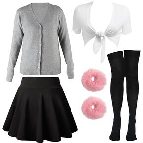YIXAXKAO Pop Singer Costume for Women Furry Hair Scrunchies Pleated Skater Skirt Tie up Shirt with Cardigan Halloween Costume