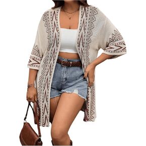 Verdusa Women's Plus Size Boho Tribal Cardigan 3/4 Sleeve Open Front Loose Kimono Cover Up