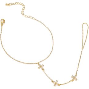 Gold Hand Chain Bracelet for Woman, Dainty Finger Ring Bracelet Summer Beach Rhinestone Handmade Adjustable Jewelry Gift.