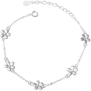 Dainty Flower 925 Sterling Silver Bracelets for Women Minimalist Daisy Flower Charm Link Bracelets Adjustable Chain Fashion Jewelry Birthday Valentine's Day Gift Her Daughter Bff 7"