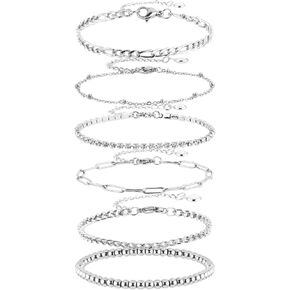 Lusofie 6Pcs Silver Dainty Bracelet Set, Stackable Bracelets Figaro Rope Paperclip Chain Bracelet Silver Bracelet Set for Women