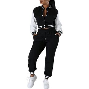 SOLY HUX Women's 2 Piece Sweatsuit Outfits Color Block Long Sleeve Varsity Jacket and Sweatpants Set
