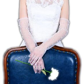 قفازات بيضاء رسمية للنساء، قفازات زفاف للعروس، قفازات بيضاء، لؤلؤية، قفازات الزفاف، قفازات شفافة، قفازات لؤلؤ الزفاف النسائية من التول، قفازات شبكية بيضاء لحفلات مكياج الزفاف والولائم in Kuwait