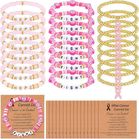 24 قطعة من أساور الأمل لمكافحة سرطان الثدي مع بطاقات ملهمة هدايا الناجيات من سرطان الثدي للمرأة شريط وردي من الطين مطرز أساور ممتدة ملحقات التوعية بسرطان الثدي in Kuwait