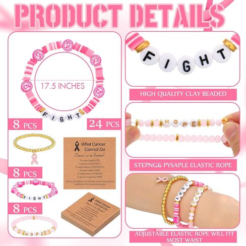24 قطعة من أساور الأمل لمكافحة سرطان الثدي مع بطاقات ملهمة هدايا الناجيات من سرطان الثدي للمرأة شريط وردي من الطين مطرز أساور ممتدة ملحقات التوعية بسرطان الثدي in Kuwait