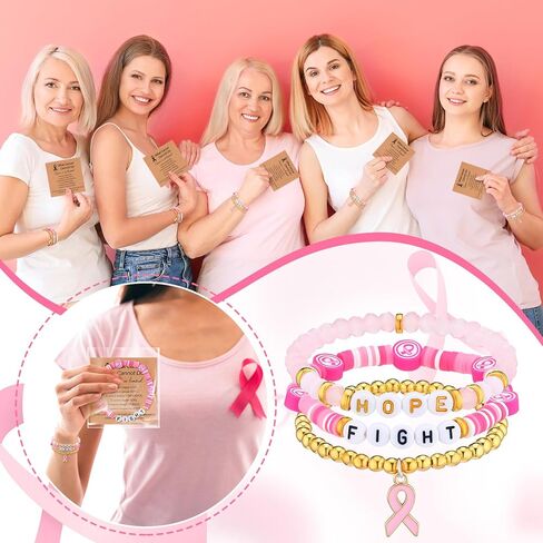 24 قطعة من أساور الأمل لمكافحة سرطان الثدي مع بطاقات ملهمة هدايا الناجيات من سرطان الثدي للمرأة شريط وردي من الطين مطرز أساور ممتدة ملحقات التوعية بسرطان الثدي in Kuwait