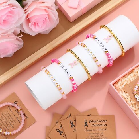 24 قطعة من أساور الأمل لمكافحة سرطان الثدي مع بطاقات ملهمة هدايا الناجيات من سرطان الثدي للمرأة شريط وردي من الطين مطرز أساور ممتدة ملحقات التوعية بسرطان الثدي in Kuwait