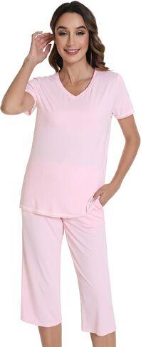 بيجامة ويوي للنساء بلوزة كم قصير وبنطلون كابري-فيسكوز من الخيزران الناعم 2 قطعة كابريس Pjs S-XXL in Kuwait