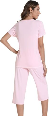 بيجامة ويوي للنساء بلوزة كم قصير وبنطلون كابري-فيسكوز من الخيزران الناعم 2 قطعة كابريس Pjs S-XXL in Kuwait