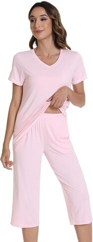 بيجامة ويوي للنساء بلوزة كم قصير وبنطلون كابري-فيسكوز من الخيزران الناعم 2 قطعة كابريس Pjs S-XXL in Kuwait