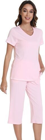 بيجامة ويوي للنساء بلوزة كم قصير وبنطلون كابري-فيسكوز من الخيزران الناعم 2 قطعة كابريس Pjs S-XXL in Kuwait