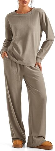SUUKSESS Women Ribbed Lounge Sets Long Sleeve Pajama Two Piece Sets with Pockets in Saudi Arabia