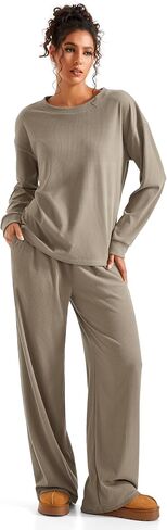 SUUKSESS Women Ribbed Lounge Sets Long Sleeve Pajama Two Piece Sets with Pockets in Saudi Arabia