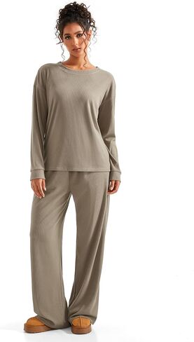 SUUKSESS Women Ribbed Lounge Sets Long Sleeve Pajama Two Piece Sets with Pockets in Saudi Arabia