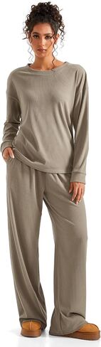 SUUKSESS Women Ribbed Lounge Sets Long Sleeve Pajama Two Piece Sets with Pockets in Saudi Arabia