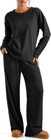 SUUKSESS Women Ribbed Lounge Sets Long Sleeve Pajama Two Piece Sets with Pockets in Kuwait