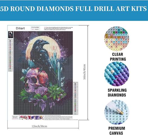 Diliart Crow Diamond Painting Kit for Adults - Colored Diamond Art Kit for Adults Beginners - Skull Art Painting Kits - DIY 5D Diamond Art Kit - Gem Art Kit as Home Wall Decoration Gift 12x16 Inch in Saudi Arabia