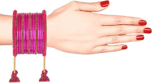 Efulgenz Indian Bangle Set CZ Crystal Rhinestone Bridal Metal Bangle Set Plain Glossy Bangles with Hanging Tassel Bridal Bracelet Jewelry Set For Women (34 Pcs) in Saudi Arabia