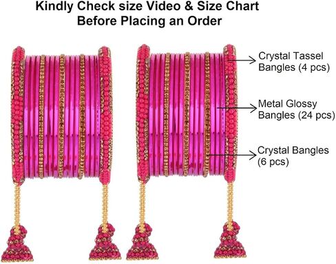 Efulgenz Indian Bangle Set CZ Crystal Rhinestone Bridal Metal Bangle Set Plain Glossy Bangles with Hanging Tassel Bridal Bracelet Jewelry Set For Women (34 Pcs) in Saudi Arabia