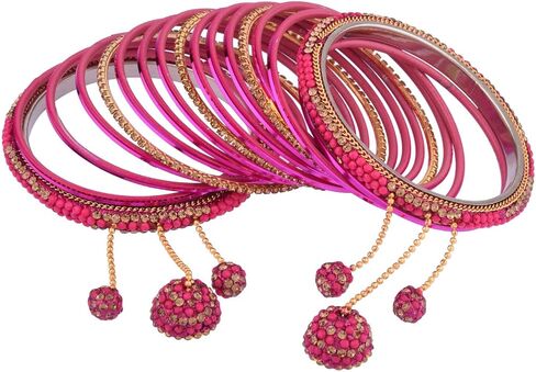 Efulgenz Indian Bangle Set CZ Crystal Rhinestone Bridal Metal Bangle Set Plain Glossy Bangles with Hanging Tassel Bridal Bracelet Jewelry Set For Women (34 Pcs) in Saudi Arabia
