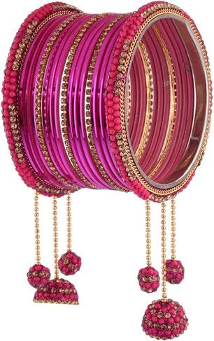 Efulgenz Indian Bangle Set CZ Crystal Rhinestone Bridal Metal Bangle Set Plain Glossy Bangles with Hanging Tassel Bridal Bracelet Jewelry Set For Women (34 Pcs) in Saudi Arabia