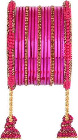 Efulgenz Indian Bangle Set CZ Crystal Rhinestone Bridal Metal Bangle Set Plain Glossy Bangles with Hanging Tassel Bridal Bracelet Jewelry Set For Women (34 Pcs) in Saudi Arabia
