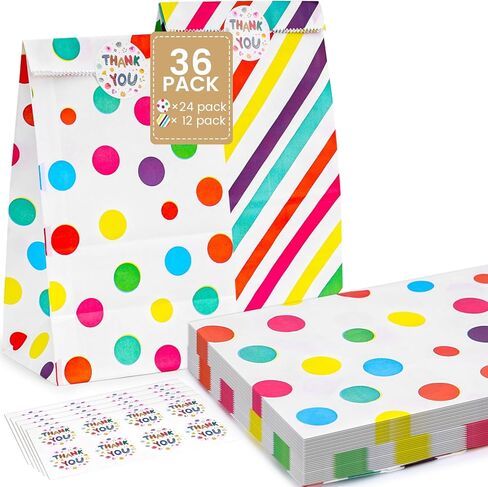 36 قطعة من حقائب هدايا الحفلات من جوهاوس، حقائب هدايا مع ملصقات ملونة مخططة منقطة وحقائب هدايا للأطفال وحفلات أعياد الميلاد وحفلات استقبال المولود الجديد، 4.7 بوصة × 3.1 بوصة × 8.7 بوصة in Kuwait