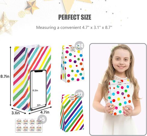 36 قطعة من حقائب هدايا الحفلات من جوهاوس، حقائب هدايا مع ملصقات ملونة مخططة منقطة وحقائب هدايا للأطفال وحفلات أعياد الميلاد وحفلات استقبال المولود الجديد، 4.7 بوصة × 3.1 بوصة × 8.7 بوصة in Kuwait