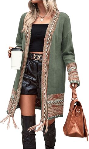 MakeMeChic Women's Duster Cardigan Fringe Trim Long Sleeve Open Front Geo Pattern Knitted Outerwear in Kuwait