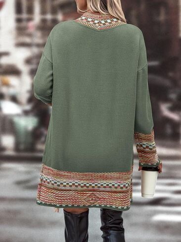 MakeMeChic Women's Duster Cardigan Fringe Trim Long Sleeve Open Front Geo Pattern Knitted Outerwear in Kuwait