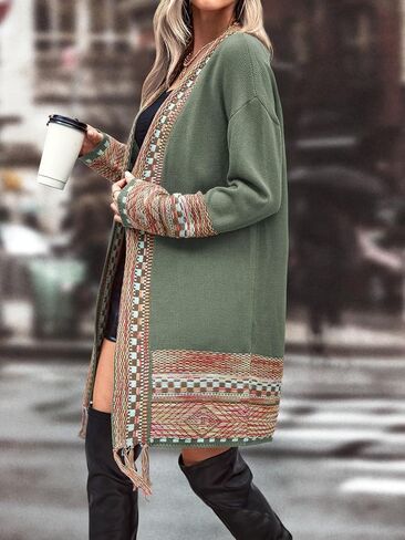 MakeMeChic Women's Duster Cardigan Fringe Trim Long Sleeve Open Front Geo Pattern Knitted Outerwear in Kuwait