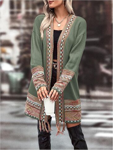 MakeMeChic Women's Duster Cardigan Fringe Trim Long Sleeve Open Front Geo Pattern Knitted Outerwear in Kuwait