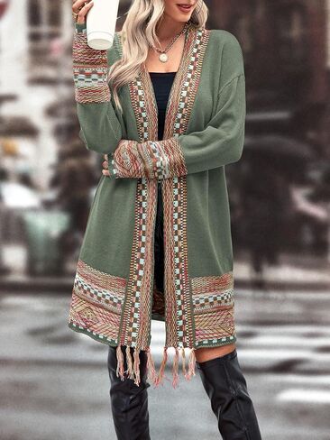 MakeMeChic Women's Duster Cardigan Fringe Trim Long Sleeve Open Front Geo Pattern Knitted Outerwear in Kuwait