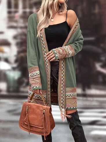 MakeMeChic Women's Duster Cardigan Fringe Trim Long Sleeve Open Front Geo Pattern Knitted Outerwear in Kuwait
