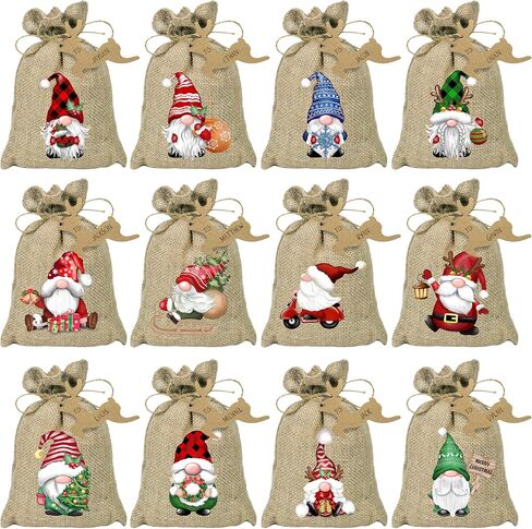 BORAMDO Christmas Burlap Gift Bags with Drawstrings 24Pcs, Watercolor 12 Designs Christmas Gnomes Linen Wrapping Bags, Small Christmas Treat Candy Bags for Holiday Party Favor Supplies… in Saudi Arabia