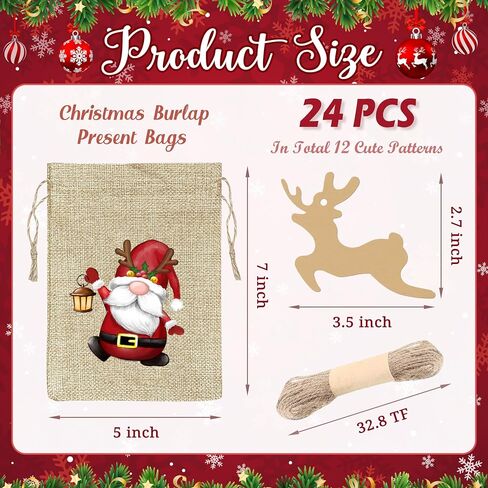 BORAMDO Christmas Burlap Gift Bags with Drawstrings 24Pcs, Watercolor 12 Designs Christmas Gnomes Linen Wrapping Bags, Small Christmas Treat Candy Bags for Holiday Party Favor Supplies… in Saudi Arabia