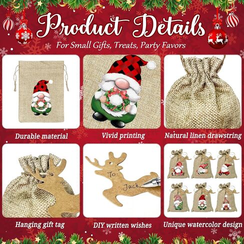 BORAMDO Christmas Burlap Gift Bags with Drawstrings 24Pcs, Watercolor 12 Designs Christmas Gnomes Linen Wrapping Bags, Small Christmas Treat Candy Bags for Holiday Party Favor Supplies… in Saudi Arabia