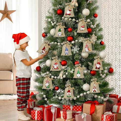 BORAMDO Christmas Burlap Gift Bags with Drawstrings 24Pcs, Watercolor 12 Designs Christmas Gnomes Linen Wrapping Bags, Small Christmas Treat Candy Bags for Holiday Party Favor Supplies… in Saudi Arabia