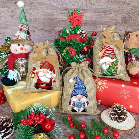BORAMDO Christmas Burlap Gift Bags with Drawstrings 24Pcs, Watercolor 12 Designs Christmas Gnomes Linen Wrapping Bags, Small Christmas Treat Candy Bags for Holiday Party Favor Supplies… in Saudi Arabia
