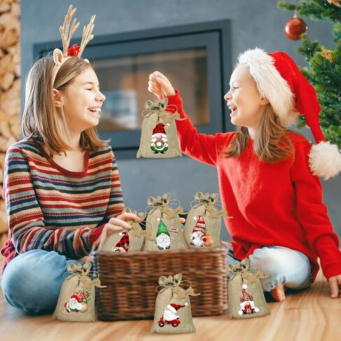 BORAMDO Christmas Burlap Gift Bags with Drawstrings 24Pcs, Watercolor 12 Designs Christmas Gnomes Linen Wrapping Bags, Small Christmas Treat Candy Bags for Holiday Party Favor Supplies… in Saudi Arabia