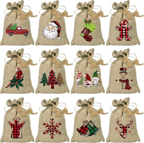 BORAMDO Christmas Burlap Gift Bags with Drawstrings 24Pcs, Watercolor 12 Designs Christmas Gnomes Linen Wrapping Bags, Small Christmas Treat Candy Bags for Holiday Party Favor Supplies… in Saudi Arabia