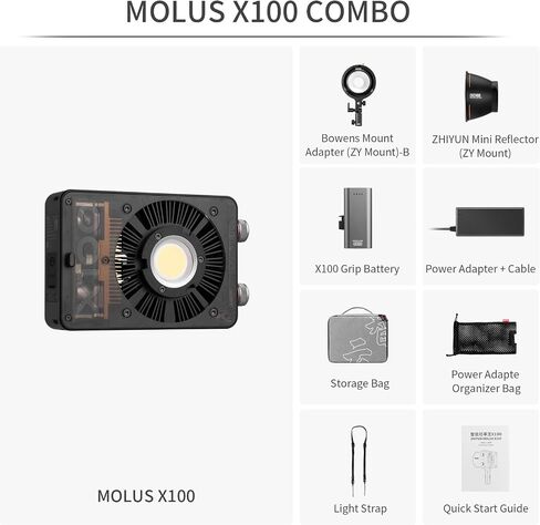 Zhiyun Molus X100 Pro 100W Led Video Studio Light 2700K~6500K w/Handle Battery, ZY to Bowens Mount Adapter,ZY Softbox, Bluetooth Mesh App Control for YouTube Live Streaming, Outdoor Video Shooting in Kuwait