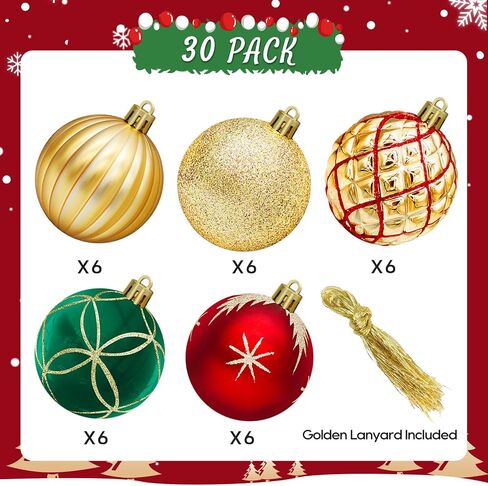 DeckTheHalls Christmas Ornaments, 30 Pcs 2.5 Inch Christmas Decoration Balls for Xmas Tree Hanging, Shatterproof Christmas Ball Ornaments for Festival Home Party Decors, (Red & Gold) in Saudi Arabia