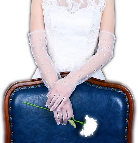 قفازات بيضاء رسمية للنساء، قفازات زفاف للعروس، قفازات بيضاء، لؤلؤية، قفازات الزفاف، قفازات شفافة، قفازات لؤلؤ الزفاف النسائية من التول، قفازات شبكية بيضاء لحفلات مكياج الزفاف والولائم in Kuwait